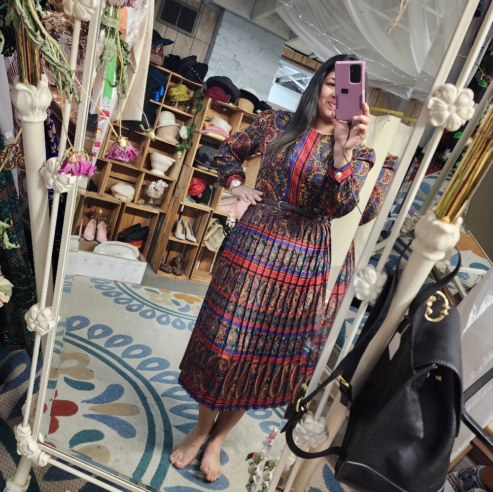 Vintage Lady Carol Multicolor Long Sleeve Pleated Dress, Boho, Colorful, Autumn